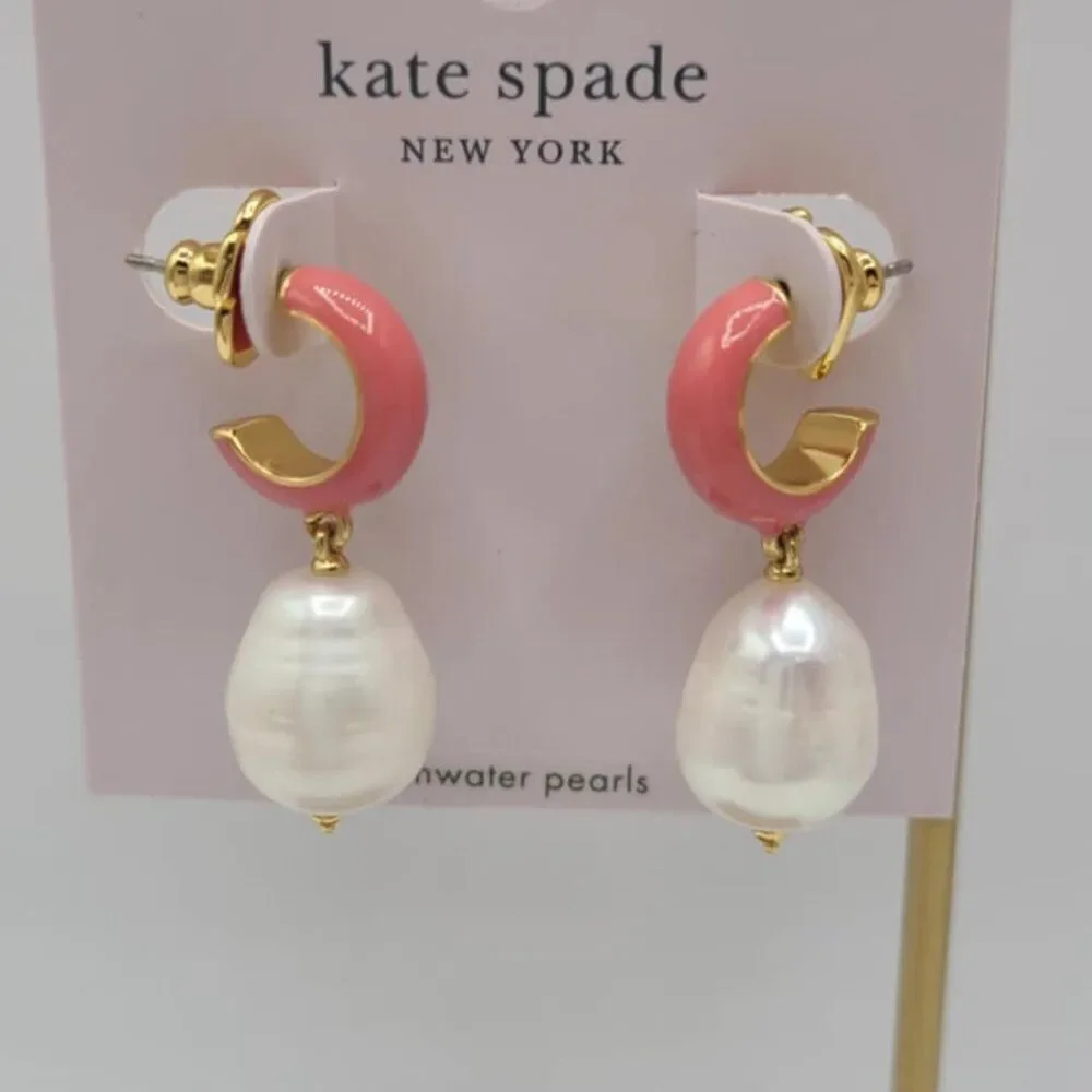 Kate Spade Pink Enamel Huggie Stud Hoop with Peal Dangle NWT! NEW!
